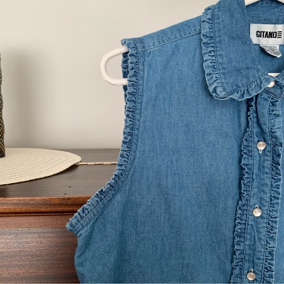Vintage Gitano Ruffle Button-Front Sleeveless Denim Shirt, Size Large - Picture 3 of 11